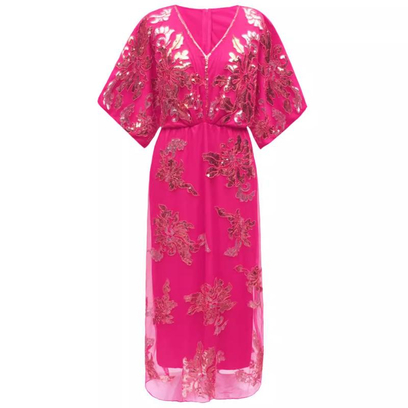 ドレス レディース レトロ スパンコール Vネック ロングドレス フォーマル イブニングドレス 宴会 パーティー 結婚式 二次会 ブライズメイド 発表会 演奏会 華やか エレガント ポリエステル アセテート繊維 五分袖 ビーディング