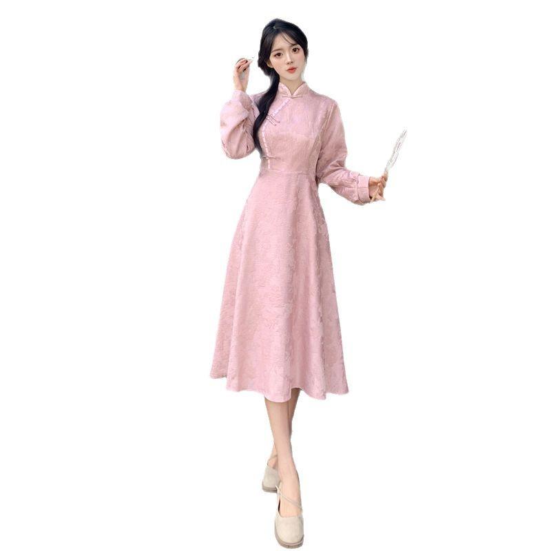 ワンピース レディース 大きいサイズ 中華風 改良チャイナドレス 高級感 ピンク ロング丈 長袖 スタンドカラー Aライン 盤扣 結婚式 披露宴 二次会 フォーマル お呼ばれ パーティードレス ブライズメイド 発表会 演奏会 レトロ
