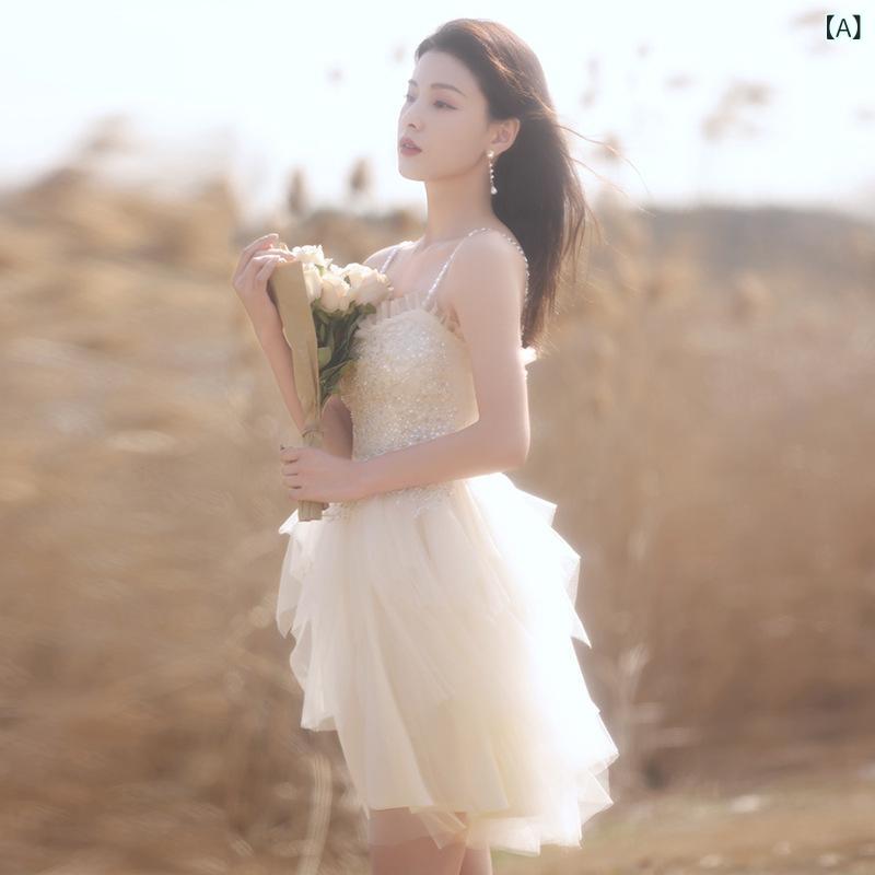 ドレス レディース キャミソール丈 ミニ丈 イブニングドレス パーティードレス 結婚式 二次会 ブライズメイド 普段使い デート 謝恩会 成人式 発表会 演奏会 シャンパンカラー ポリエステル エレガント 上品