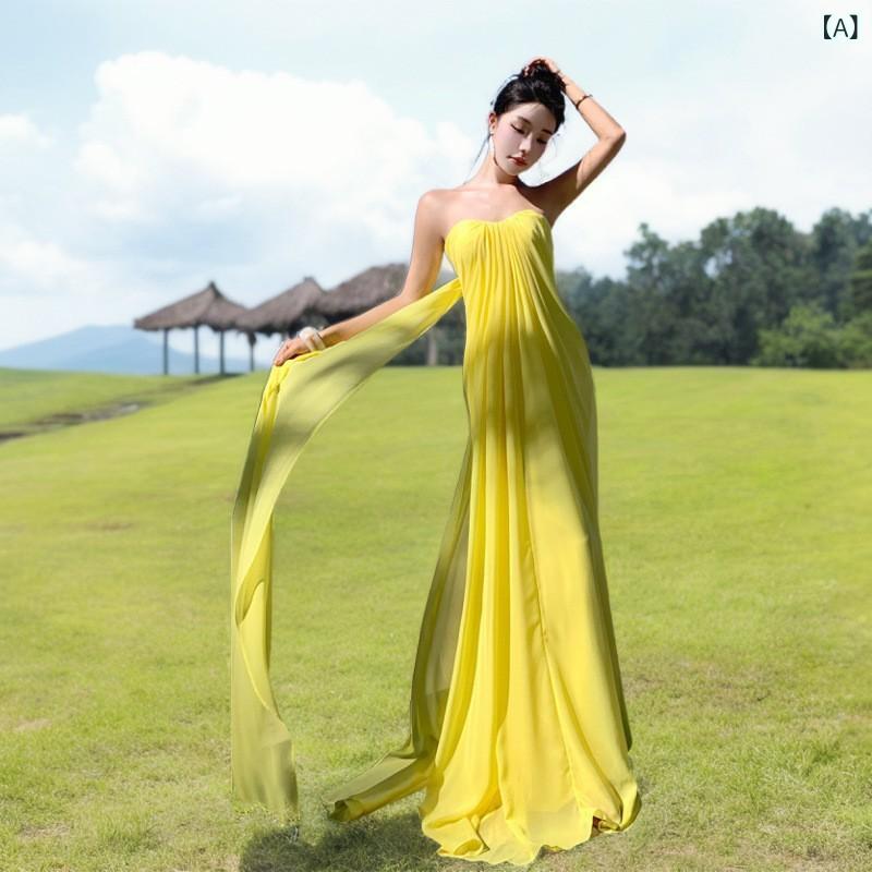 ドレス レディース エレガント 優雅 上品 ロング丈 ベアトップ シフォン 軽やか ドレープ パーティードレス 宴会 結婚式 二次会 お呼ばれ 謝恩会 発表会 演奏会 ハイウエスト Aライン フレア 背中開き プリーツ 無地 ポリエステル素材