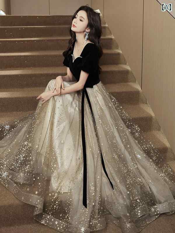 ドレス レディース 女性用 イブニングドレス 演奏会 発表会 舞台衣装 成人式 卒業式 結婚式 二次会 披露宴 お呼ばれ 誕生日パーティー フォーマル ロング丈 スレンダーライン スクエアネック 半袖 ミドルウエスト ブラック ポリエステル