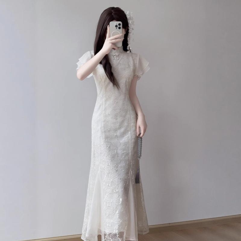 ワンピース レディース 新チャイナ風 刺繍 マーメイドライン チャイナドレス ホワイト 結婚式 披露宴 ブライズメイド お呼ばれ パーティードレス フォーマルドレス ミドル丈 ハイウエスト ラウンドネック ポリエステル エレガント