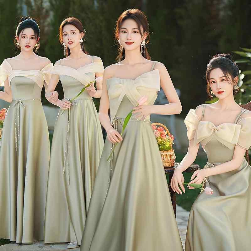 ドレス レディース 女性用 サテン調 ポリエステル ブライズメイドドレス 結婚式 披露宴 謝恩会 パーティードレス イブニングドレス ロング丈 マキシ丈 大きいサイズ プラスサイズ 体型カバー エレガント 高級感 個性的 グリーン 緑
