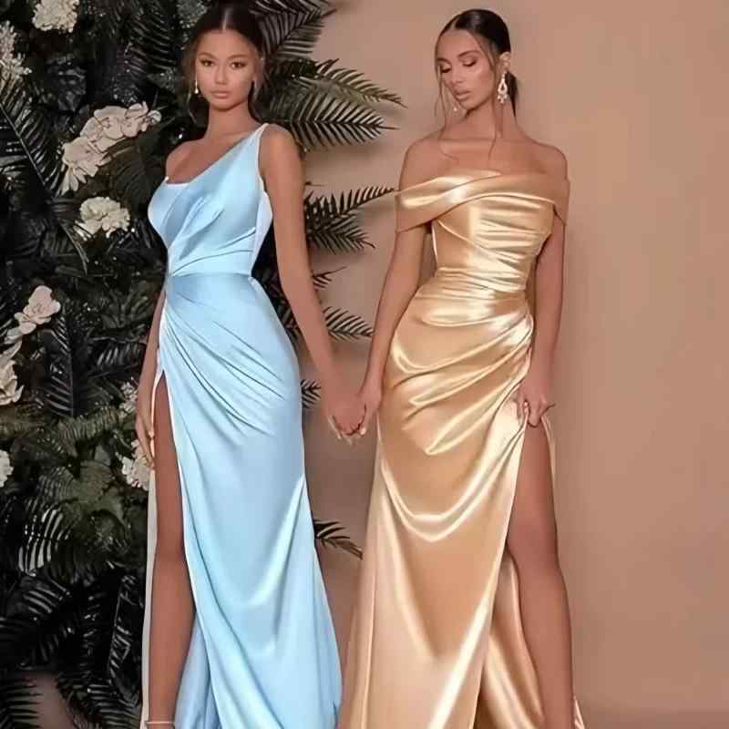 ドレス ワンピース レディース フレンチスタイル サテン イブニングドレス パーティードレス 結婚式 二次会 ブライズメイド ロング丈 オフショルダー シンプル 高級感 細見え ポリエステル シャンパンカラー ブラック ワインレッド