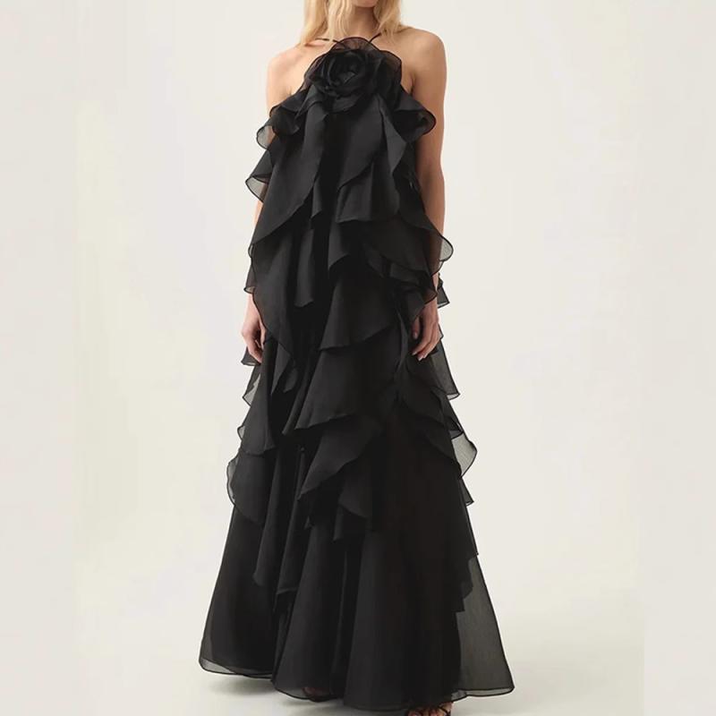 ワンピース レディース 立体フラワー キャミソール 酢酸繊維 ロング丈 Aライン ノースリーブ ミドルウ..