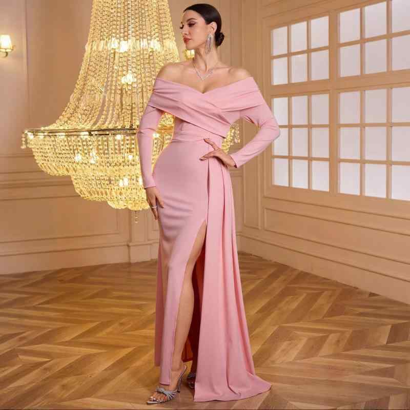 ドレス レディース 成人式 ブライズメイドドレス プリンセスライン スレンダーライン ハイウエスト ロング丈 長袖 クロスデザイン スリット バックシャン フラワーモチーフ ポリエステル 高級感 エレガント 上品 ピンク