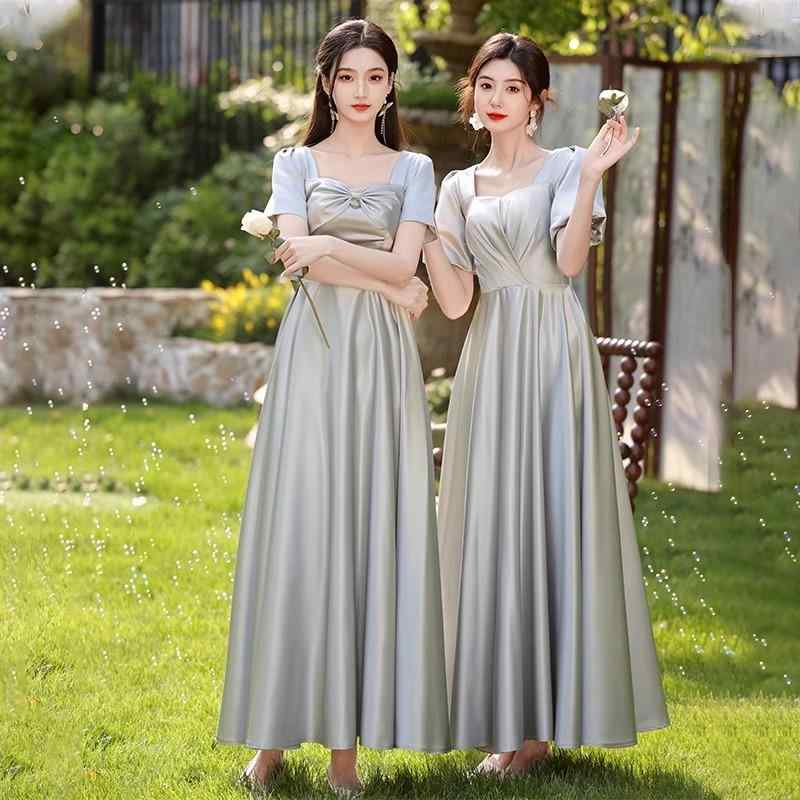 ドレス レディース サテン ブライズメイドドレス フォーマルドレス グレー 細見え 小柄 低身長 結婚式 ウェディング ロング丈 キャミソール ストラップ ノースリーブ 普段使い デイリー トレーン