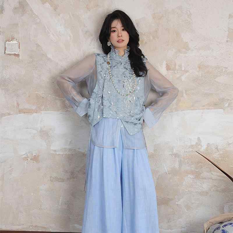 Long-Sleeved - シャツ レディース 高級感 シアー 長袖 ブラウス ツーピース フリル襟 カジュアル 通勤 着回し レトロ 上品 無地 ナイロン ブルー