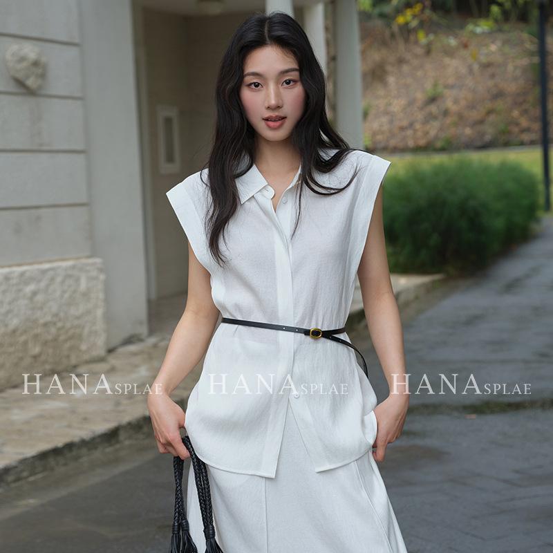 Sleeveless - シャツ レディース ノースリーブ ブラウス ウエストマーク ミドル丈 襟付き きれいめ 上品 レーヨン ポリエステル 無地 切り替えデザイン 織り地 オフィス カジュアル 通勤スタイル 夏 トップス 女性用