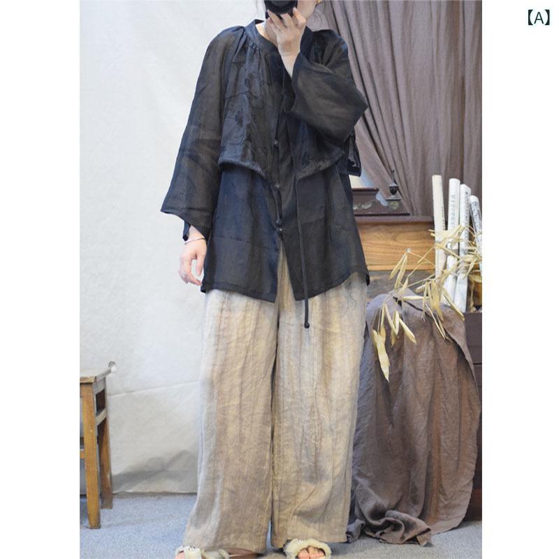 シャツ レディース 苧麻 麻素材 シアー 透け感 ゆったり オーバーサイズ 七分袖 スタンドカラー 前開き 羽織り レトロ アジアンテイスト 文芸風 カジュアル リラックスフィット トップス ブラック