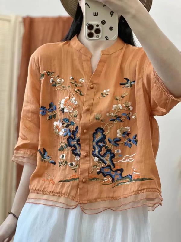 Short Sleeves - シャツ レディース 綿麻 半袖 民族風 刺繍 幾何学模様 開襟シャツ Vネック ゆったり 大きいサイズ 痩せ見え 前開き ブラウス トップス カジュアル エスニック レトロ 普段使い
