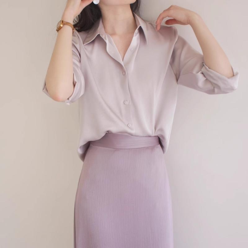 其它 - シャツ ライトパープル エンボス クリンクル加工 マットサテン ロングスリーブ ポロ襟 ゆったり ルーズフィット きれいめ 上品 エレガント 通勤 オフィスカジュアル ブラウス 綿混素材
