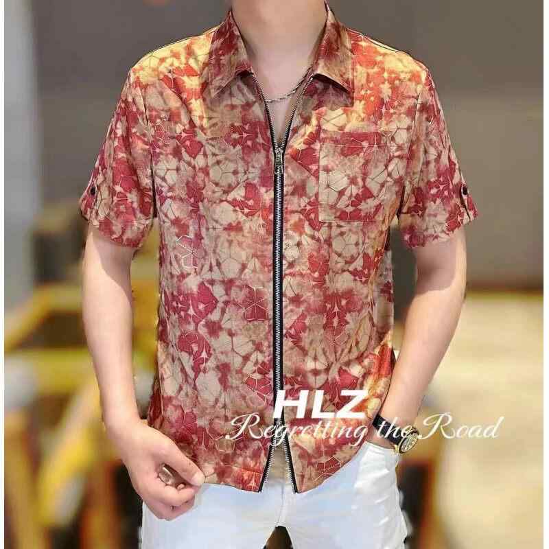 ポロシャツ メンズ 夏 半袖 スリムフィット ジップアップ ヨーロピアン 小花柄 デジタルプリント ポリエステル混紡 ウォッシャブル 大人カジュアル 普段使い スイカレッド ブルー