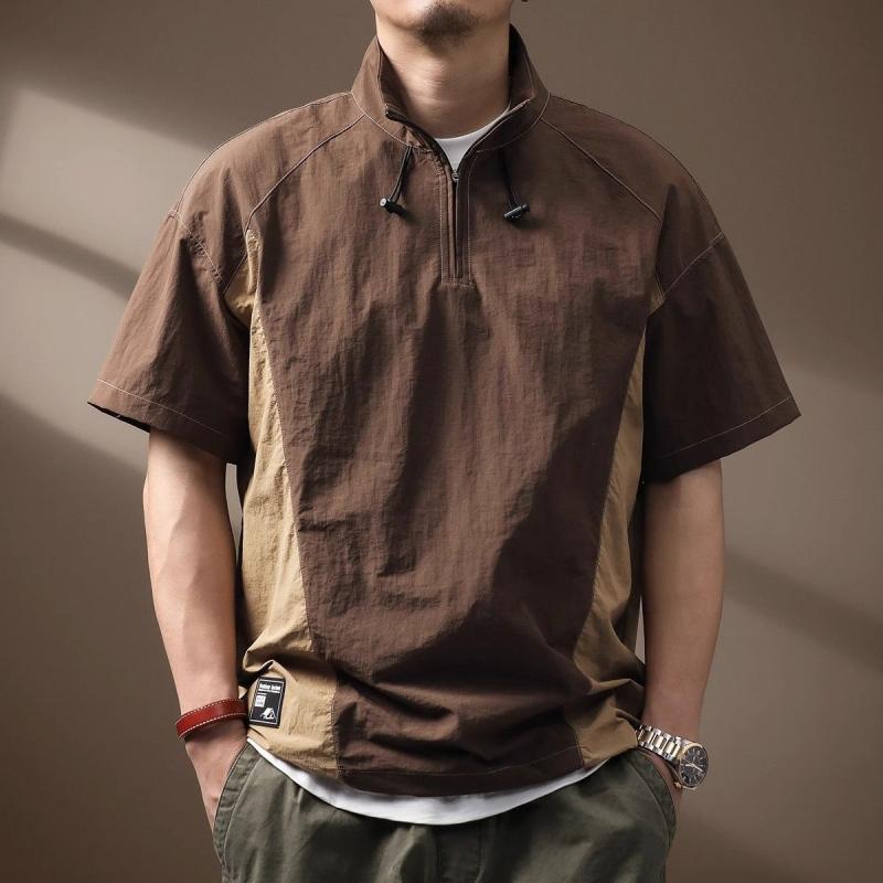 ポロシャツ メンズ アメリカン 機能性 速乾 接触冷感 軽量 薄手 ハーフジップ 半袖 アウトドア カジュアル ゆったり ビッグシルエット 綿 クールコットン 通気性 洗濯機OK 普段使い アメリカンレトロ