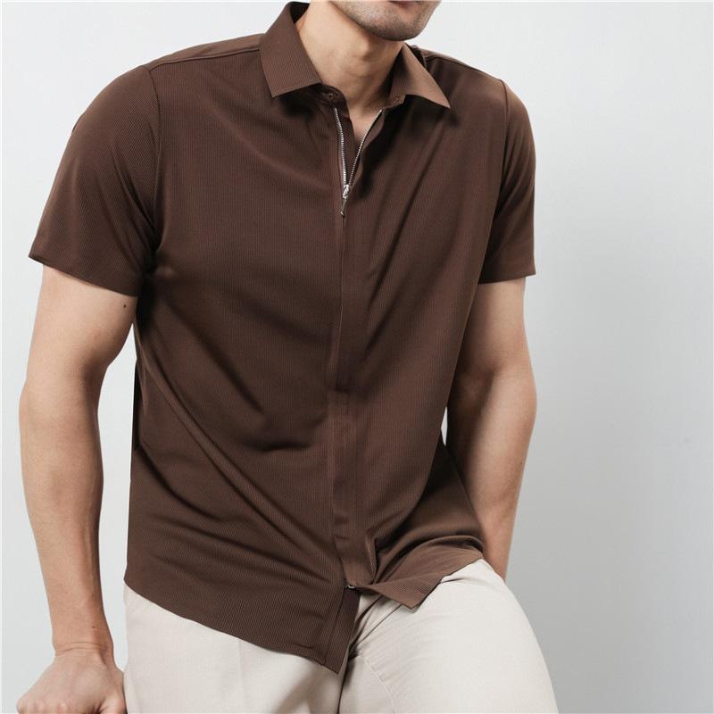 シャツ メンズ 半袖 ジップアップ スリムフィット 細身 ポリエステル混紡 着回し 万能 軽やか 高級感 シームレス 圧着加工 襟付き トップス 無地 ブラック ホワイト ブラウン