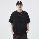 Tシャツ メンズ 接触冷感 抗菌 半袖 薄手 ゆったり ジッパーポケット 綿混素材 ストライプ柄 ブラック アウトドア スポーツ