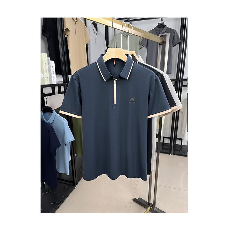 ポロシャツ メンズ ジップフロント 半袖 高品質 ビジネス カジュアル 薄手 夏物 接触冷感 吸湿速乾 ストレッチ 通気性 シワになりにくい 洗濯可能 無地トップス グレー モスグリーン ブラック