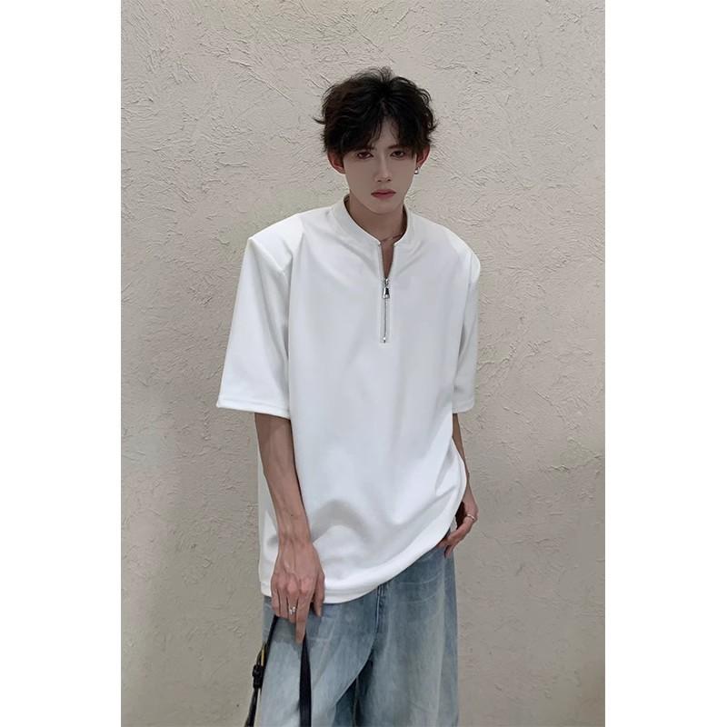 Tシャツ メンズ ゆったり ルーズフィット ハーフジップ クルーネック 丸首 半袖 五分袖 パッド入り 肩パッド付き 個性的なデザイン ポリエステル素材 カジュアル ストリートファッション ホワイト ブラック