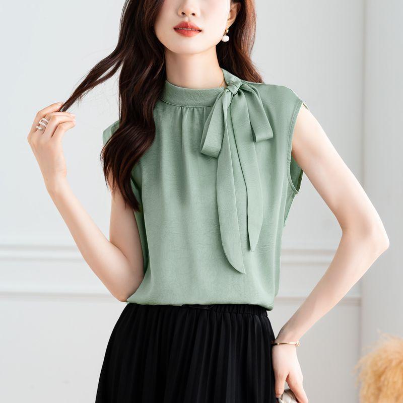 シフォンブラウス レディース ノースリーブ スタンドカラー リボンタイ 大人上品 エレガント ポリエステル素材 夏物 きれいめ オフィス 通勤 トップス