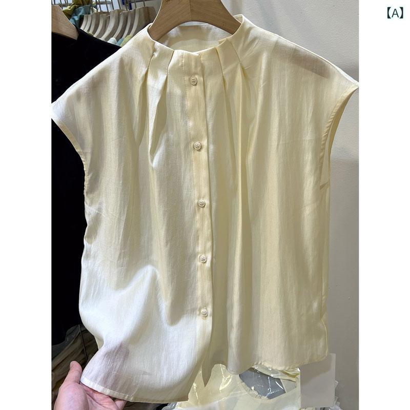 ブラウス レディース フレンチスタイル フリル袖 ノースリーブ シフォン ブラック スタンドカラー 前開き プリーツ ショート丈 ゆったり 上品 レトロ オフィス カジュアル 夏