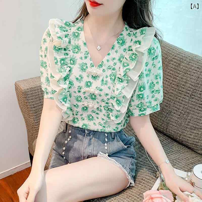 ブラウス レディース チャイナボタン フリル 花柄 シフォン ノースリーブ Vネック プルオーバー エレガント フェミニン お出かけ 普段使い ポリエステル グリーン ピンク トップス