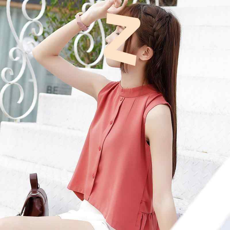 Sleeveless - ブラウス レディース ノースリーブ シフォン ポリエステル スタンドカラー シンプル 無地 ショート丈 フリル袖 プルオーバー 通勤 オフィス トップス