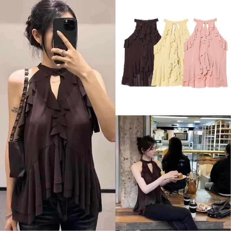 ブラウス レディース ホルターネック ノースリーブ シフォン セクシー 夏 サマー フリル イレギュラーヘム ポリエステル 軽量 涼しい 透け感 ピンク ワインレッド イエロー フェミニン スウィート