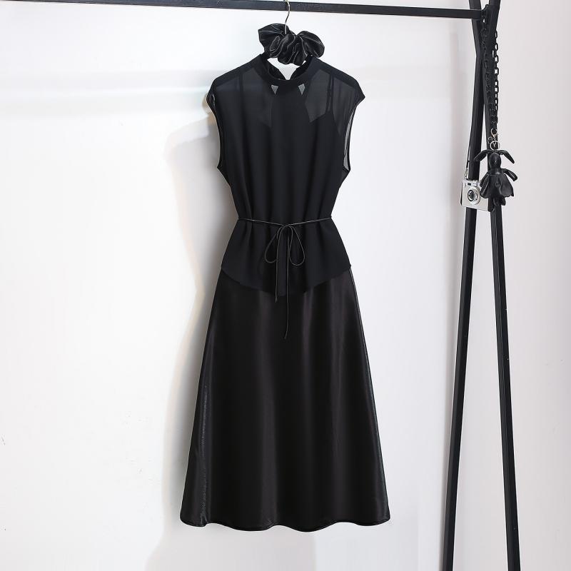 Sleeveless - ワンピース レディース アセテート サテン キャミソールワンピース シフォン ブラウス 2点セット ブラック 無地 ミモレ丈 Aライン エレガント 上品 通勤 オフィスカジュアル