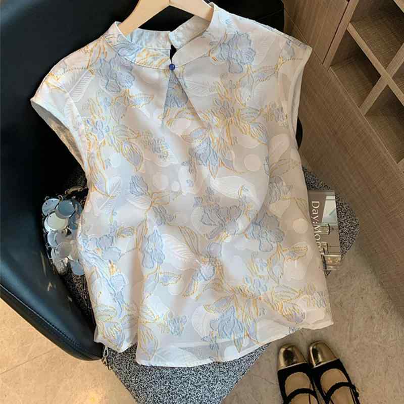 シャツ レディース ネオチャイナ風 スタンドカラー ブラウス チャイナボタン 刺繍 ジャガード織り ノースリーブ ベスト 若見え 個性派 禅風 レトロ カジュアル ポリエステル トップス ストレートシルエット