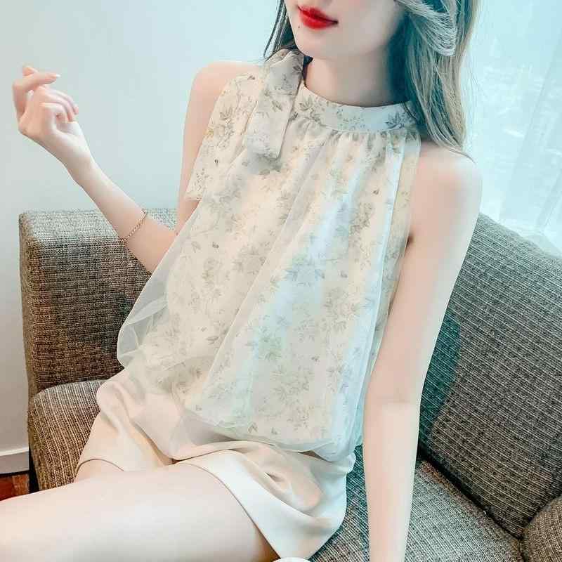 ブラウス レディース 夏物 フレンチシック 個性的 小花柄 シフォン ノースリーブ ホルターネック 肩出し 上品 通勤 トップス