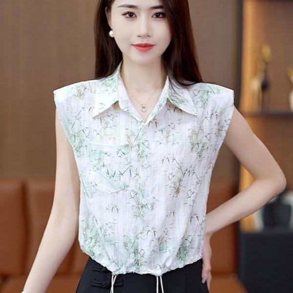 シャツ レディース シフォン ブラウス 花柄 ポロ襟 ショート丈 ポリエステル ゆったり 体型カバー 低身長向け おしゃれ 夏物 着回し 普段使い オフィス カジュアル きれいめ グリーン系 ブラウン系