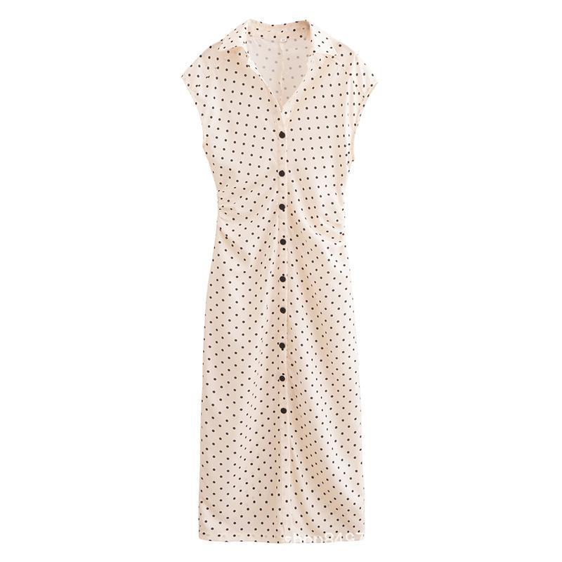 Sleeveless - ワンピース レディース 女性用 リネンブレンド 麻混 ポリエステル ドット柄 水玉 ミディ丈 ミモレ丈 シャツワンピース Vネック ノースリーブ 通勤 オフィス カジュアル きれいめ 上品 エレガント フロントオープン 前開き