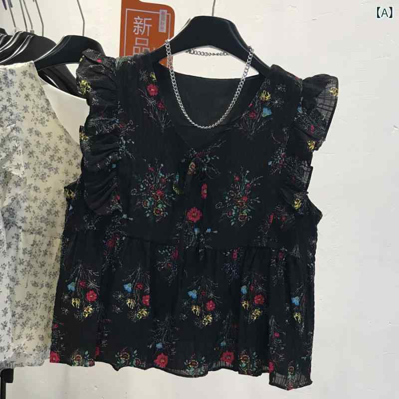 Short Sleeves - ブラウス レディース フレンチスタイル 小花柄 フリル袖 パフスリーブ シフォン ドールブラウス チュニック ラウンドネック 若見え 個性的デザイン おしゃれ カジュアル ブラック 黒色花柄 白色花柄