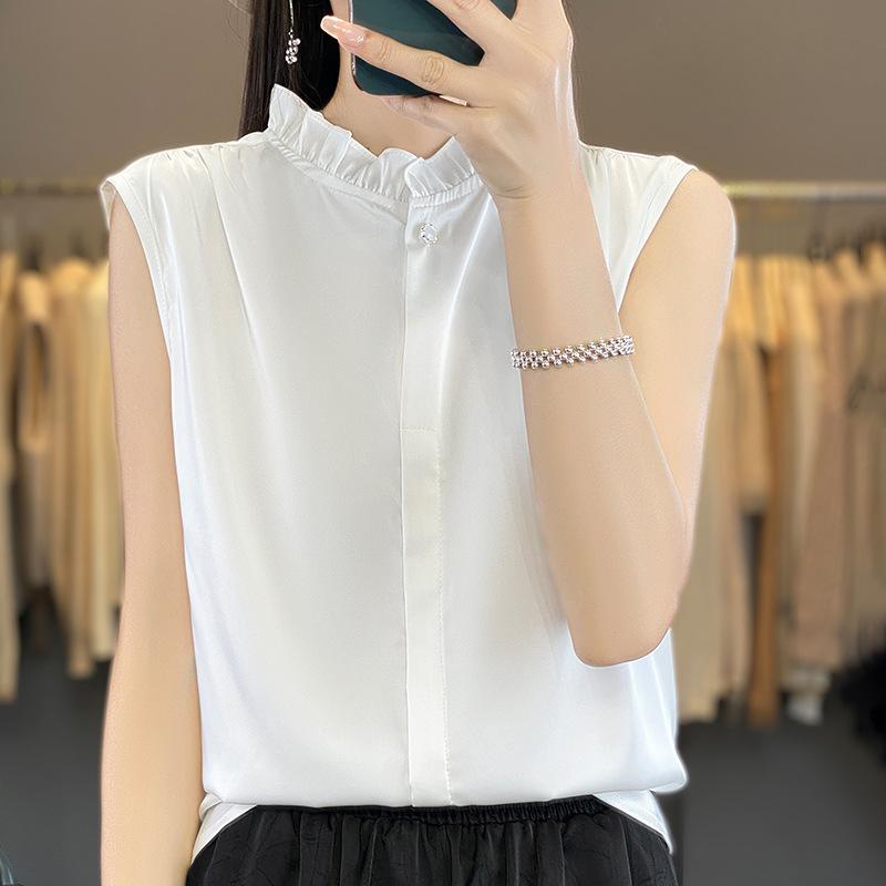 Sleeveless - ブラウス レディース ノースリーブ スタンドカラー フリルネック 無地 ゆったり シフォン シャツ トップス きれいめ カジュアル オフィス 通勤 インナー 重ね着 ホワイト ブラック