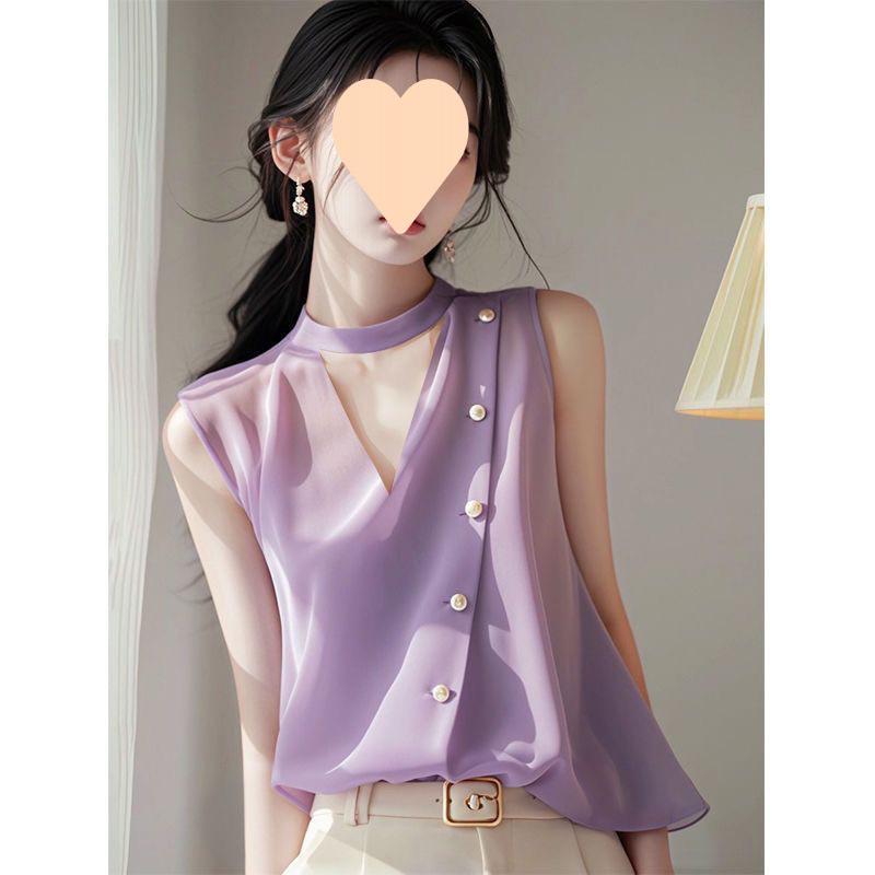 シャツ レディース 韓国風 細見え スタイルアップ 高級感 シフォンブラウス トップス フレンチテイスト エレガント ホルターネック ノースリーブ Aライン ポリエステル 通勤 オフィス カジュアル 夏