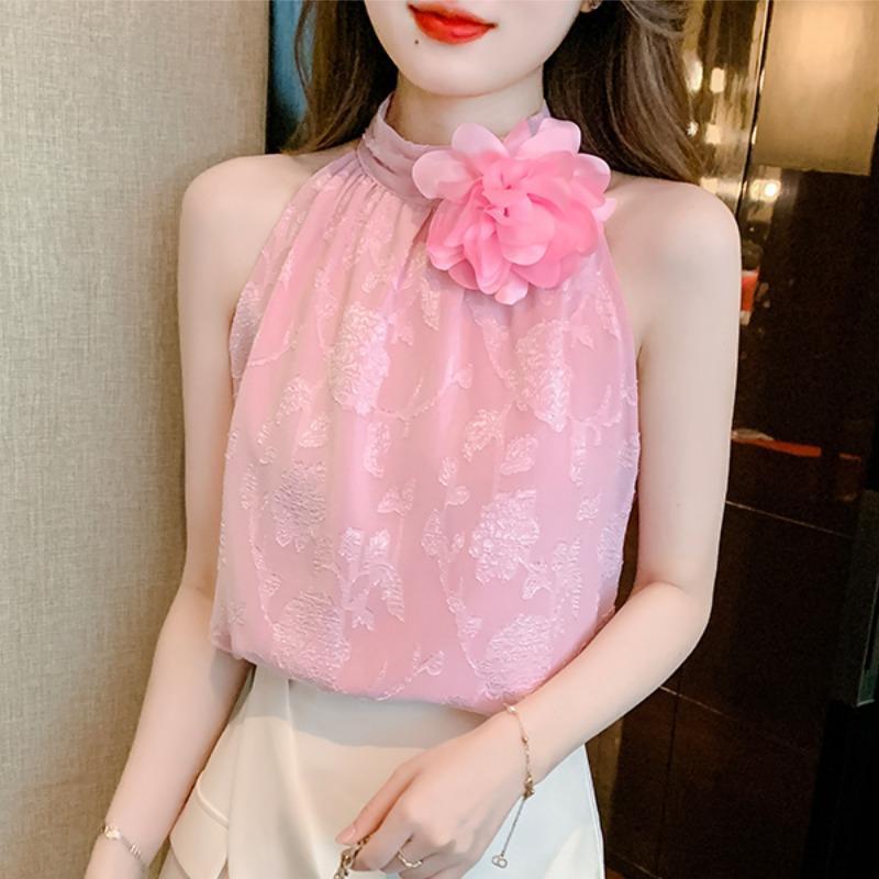 ブラウス レディース ホルターネック 立体フラワー レース シフォン ノースリーブ 上品 エレガント 透け感 フェミニン プルオーバー きれいめ カジュアル 通勤 オフィス 夏 ピンク トップス