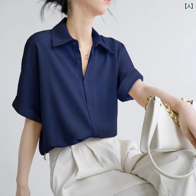 ブラウス レディース 半袖 シフォン ポロ襟 ゆったり リラックスフィット 無地 フレンチスタイル ドレープ感 エレガント 上品 高級感 きれいめカジュアル ネイビー