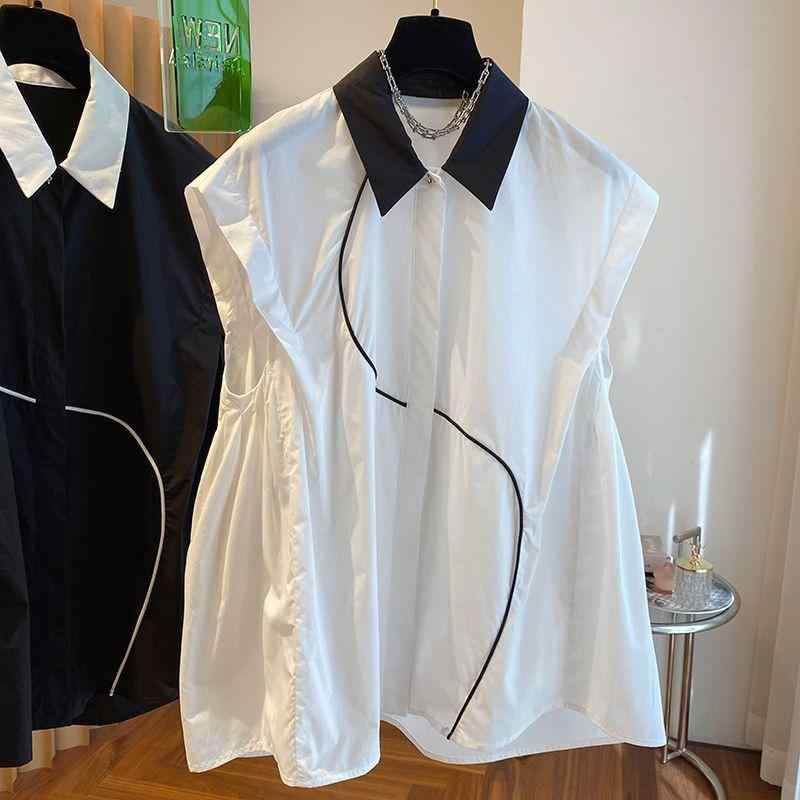 Sleeveless - ブラウス レディース ノースリーブ ポロ襟 シャツ トップス アウトステッチ パッチワーク デザイン ゆったり ミディ丈 カジュアル きれいめ 通勤 オフィス スタイル 綿混 ポリエステル