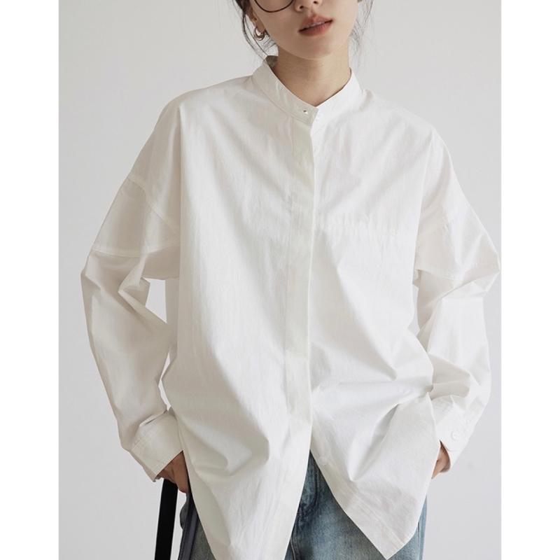 シャツ レディース スタンドカラー 長袖 綿 コットン ホワイト トップス ゆったり ルーズシルエット ブラウス 通勤 オフィス カジュアル 普段使い デイリー 着回し ベーシック ミドル丈 無地