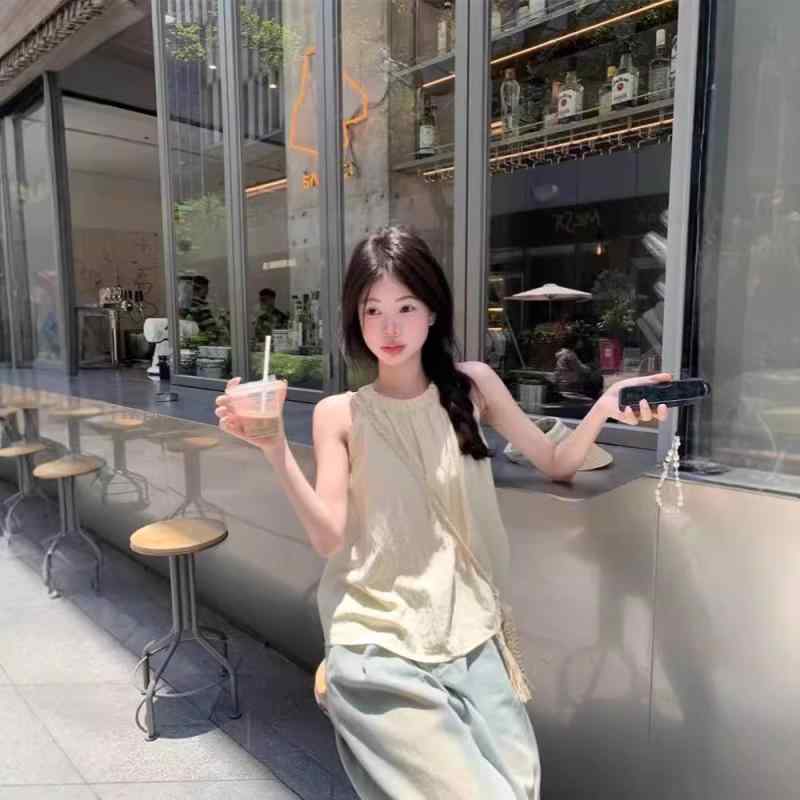 ブラウス レディース かわいい ホルターネック ノースリーブ 肩出し 若見え ゆったり タンクトップ ポリエステル イエロー