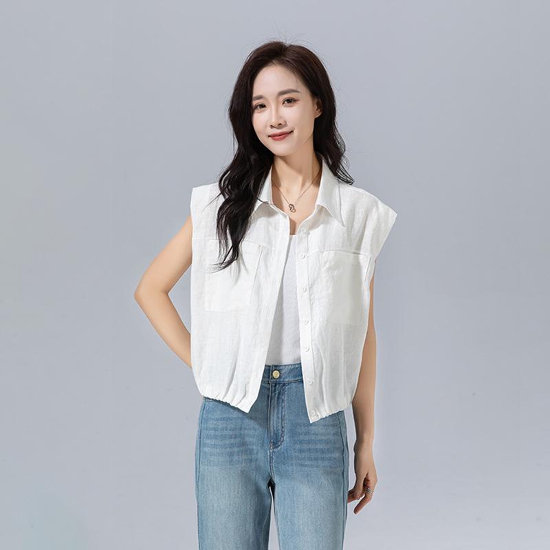 Sleeveless - ブラウス レディース リネン ノースリーブ ショート丈 ウエストゴム ゆったり 体型カバー 薄手 涼しい 通気性 ポロ襟 前開き フロントボタン カジュアル 普段使い 休日スタイル 羽織り ホワイト レトロ スタイルアップ