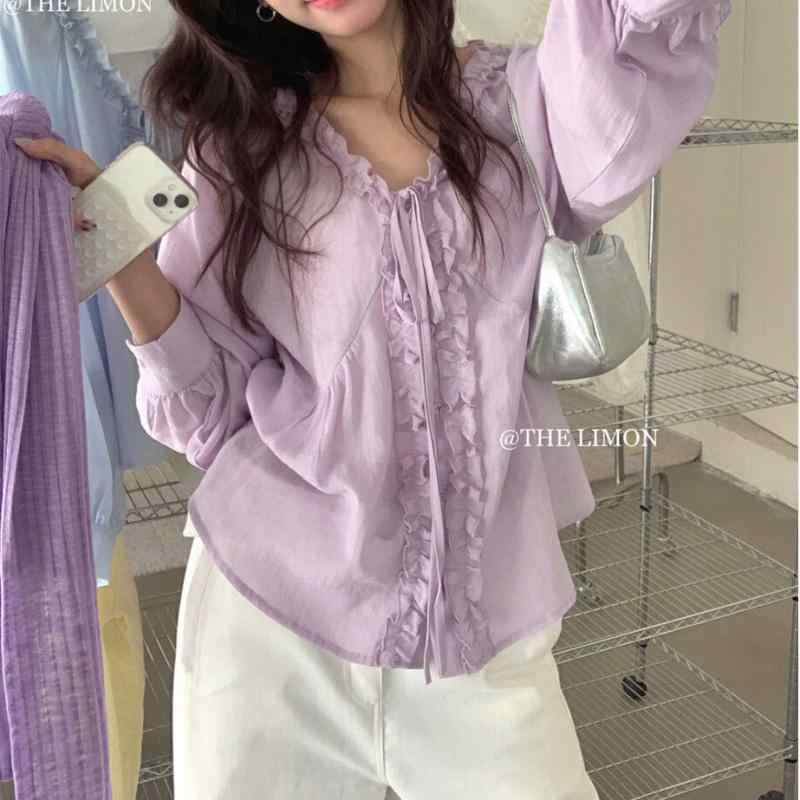 Long-Sleeved - シャツ レディース Vネック 木耳フリル リボン 長袖 トップス ポリエステル 無地 ゆったり カジュアル リラックス 前開き 若見え エレガント おしゃれ 普段使い 通勤 オフィスカジュアル