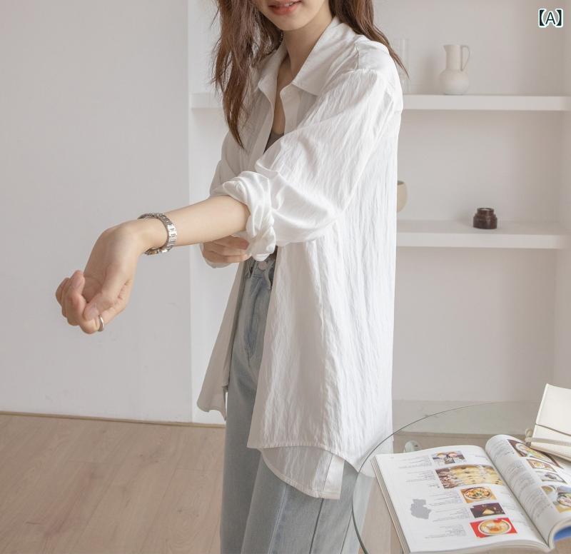 シャツ レディース 長袖 ポロ襟 ゆったり オーバーサイズ 個性的 デザイン ワッシャー加工 UVカット 紫外線対策 無地 カジュアル 普段使い 綿混 ポリエステル混