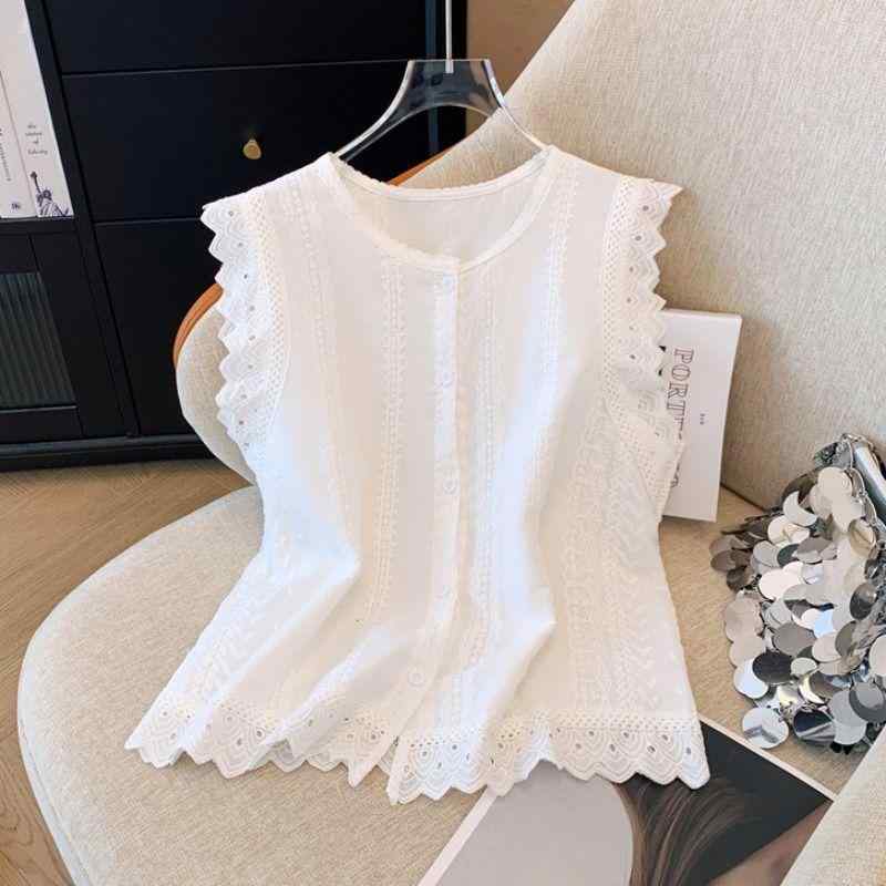 Sleeveless - シャツ レディース 白 レース ノースリーブ ベスト ゆったり リラックスフィット 細見え 体型カバー 上品 エレガント ポリエステル シャツ襟 シングルブレスト トップス 夏 通勤 オフィス カジュアル