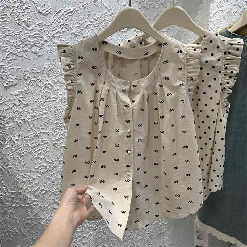 シャツ レディース レトロ ドット柄 フリル袖 ノースリーブ ホルターネック チュニック 体型カバー 若見え アクリル素材 きれいめ通勤 オフィス カジュアル トップス ブラウス