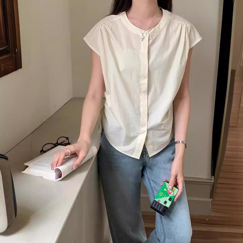 Sleeveless - ブラウス ノースリーブ ドローストリング ウエスト絞り デザイン 韓国風 カジュアル 夏 無地 綿 コットン ラウンドネック 前開き レギュラーフィット 普段使い 着回し トップス