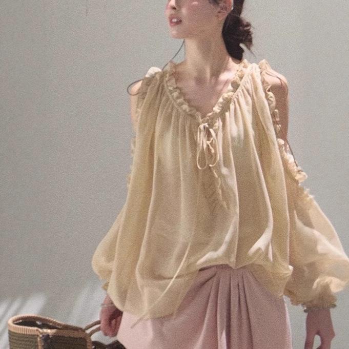 シャツ レディース シフォン Vネック 長袖 プルオーバー ブラウス ゆったり ルーズフィット ミドル丈 ..