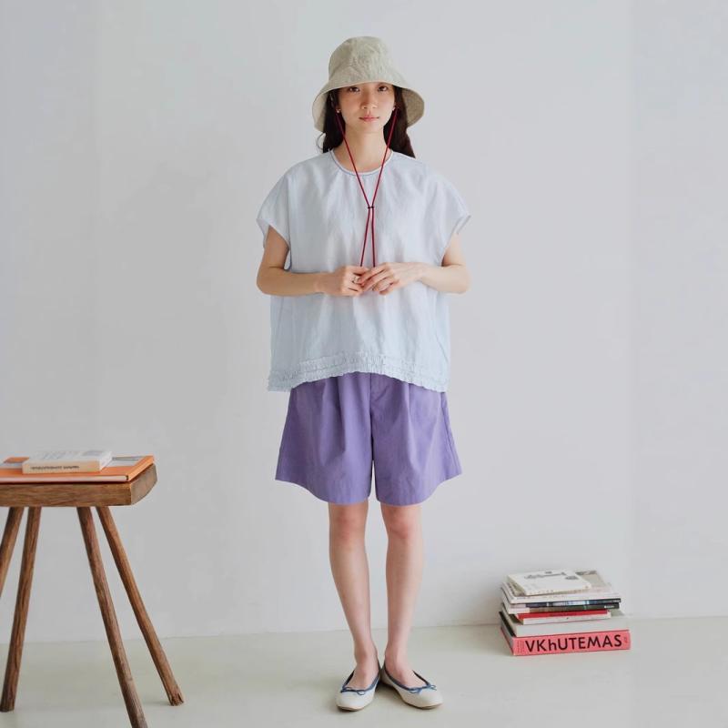 Sleeveless - シャツ レディース フリルデザイン 軽量 薄手 テンセルリネン 混紡 フレアスリーブ プルオーバー クルーネック ゆったり きれいめ 通勤 オフィス カジュアル ブラウス ピンク ライトブルー トップス