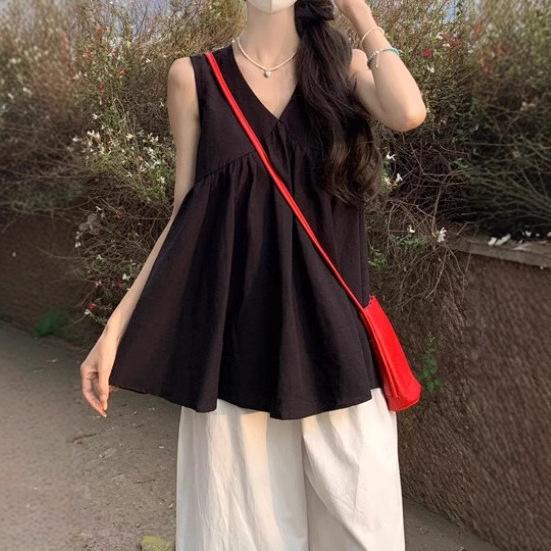 Sleeveless - ブラウス レディース Vネック ノースリーブ フレンチシック エレガント 個性的 デザイン ゆったり シルエット Aライン 切り替え スパンデックス混 レギュラー丈 ブラック ワインレッド ブルー 大人カジュアル きれいめトップス