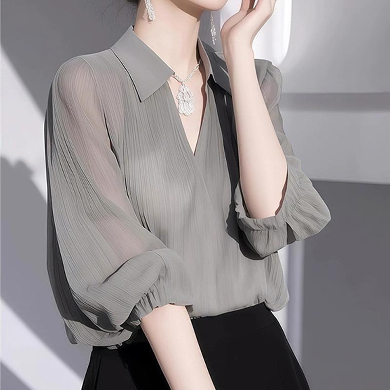Other - シャツ レディース グレー シフォン ブラウス 半袖 ランタンスリーブ ポロ襟 プルオーバー ゆったり ルーズフィット ポリエステル素材 高級感 きれいめ エレガント 上品 通勤 カジュアル トップス